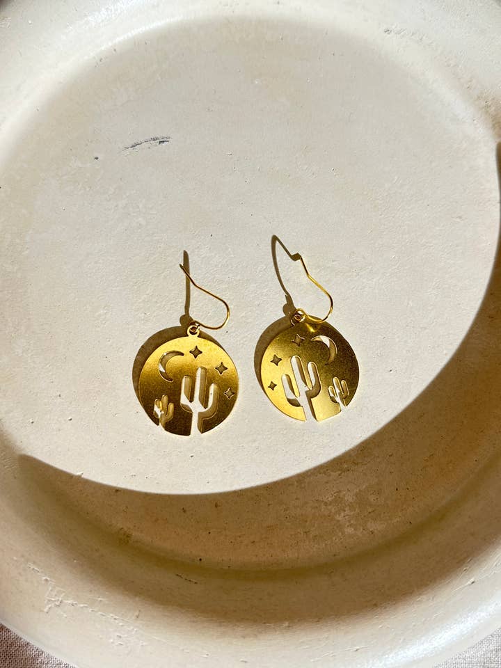 Cactus moon round earrings, brass jewelry for wholesale by Ombra & Luce