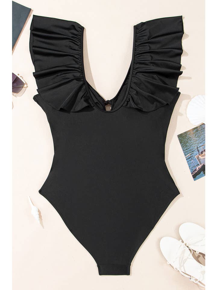 Black Plus Size Ruffle Sleeve One Piece Swimsuit for wholesale on Faire