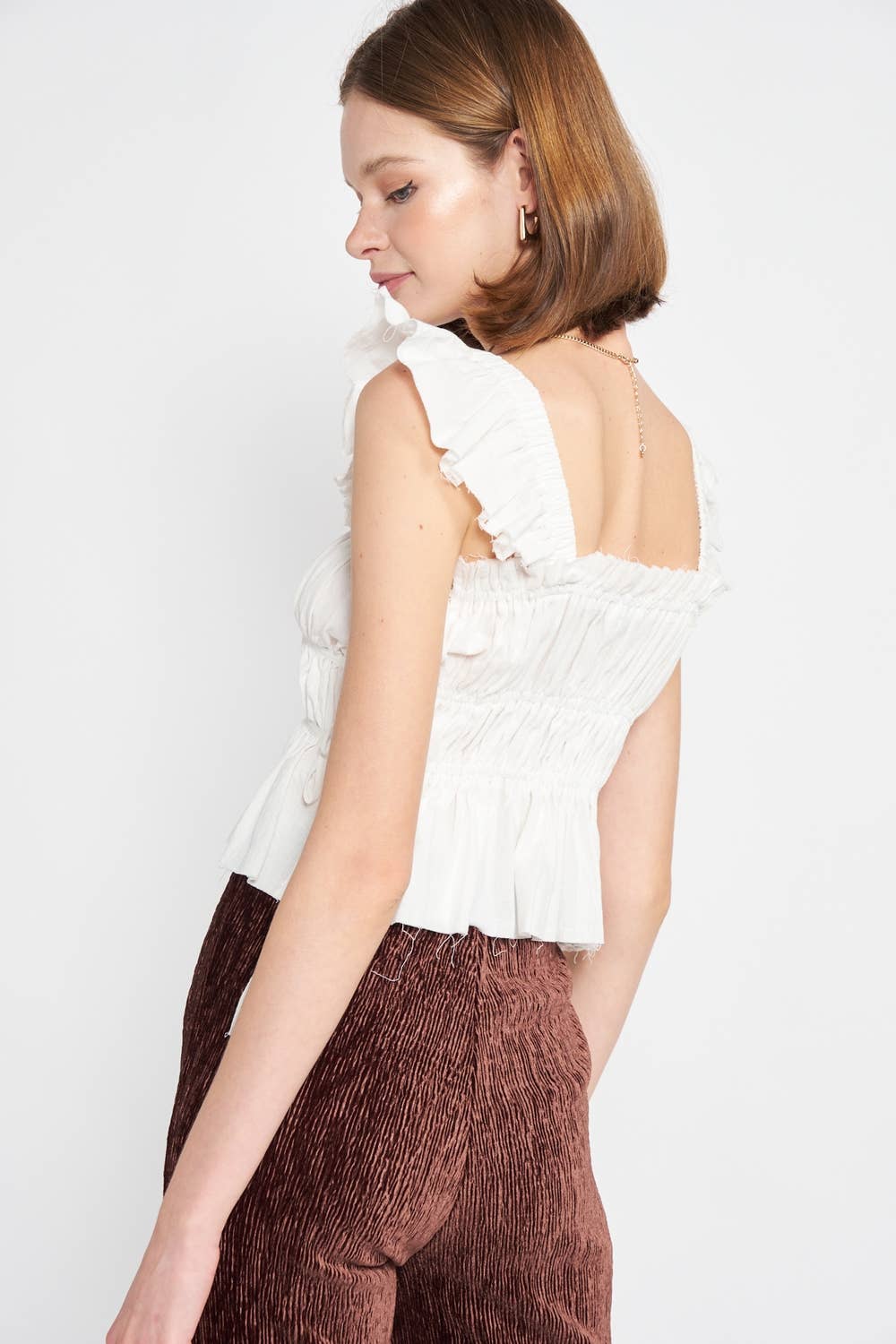 OFF WHITE SQUARE NECK GATHERED TOP WITH RUFFLE DETAIL for wholesale on Faire3