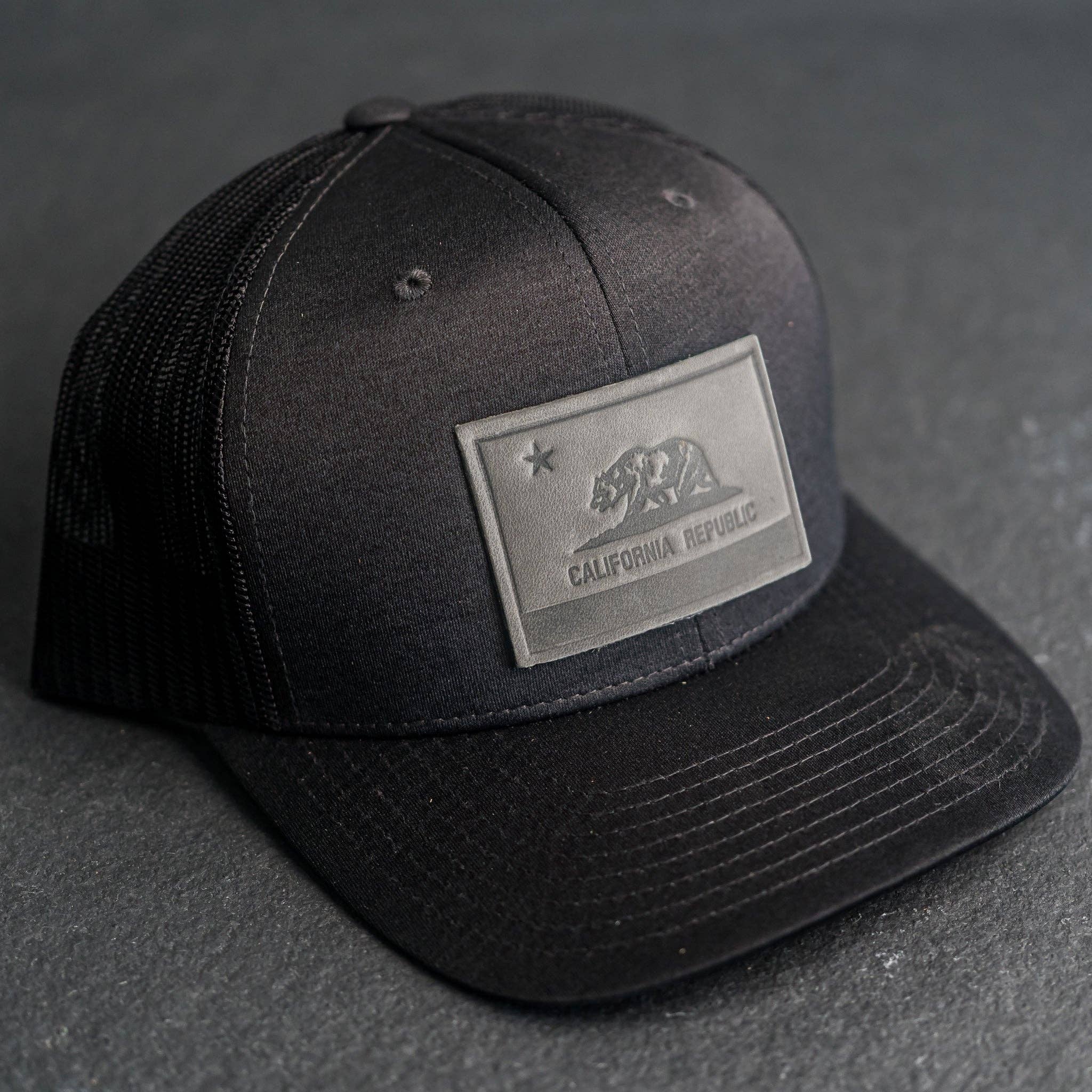 Ox & Pine - Wholesale Trucker Hat - Unisex - Leather Patch Performance Style Trucker Hat - California Flag Stamp0