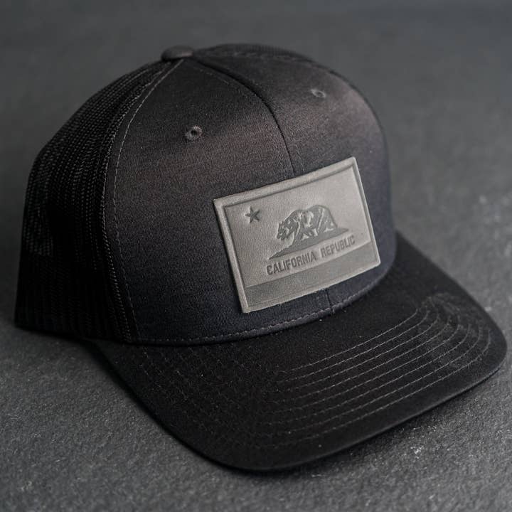 Ox & Pine - Wholesale Trucker Hat - Unisex - Leather Patch Performance Style Trucker Hat - California Flag Stamp