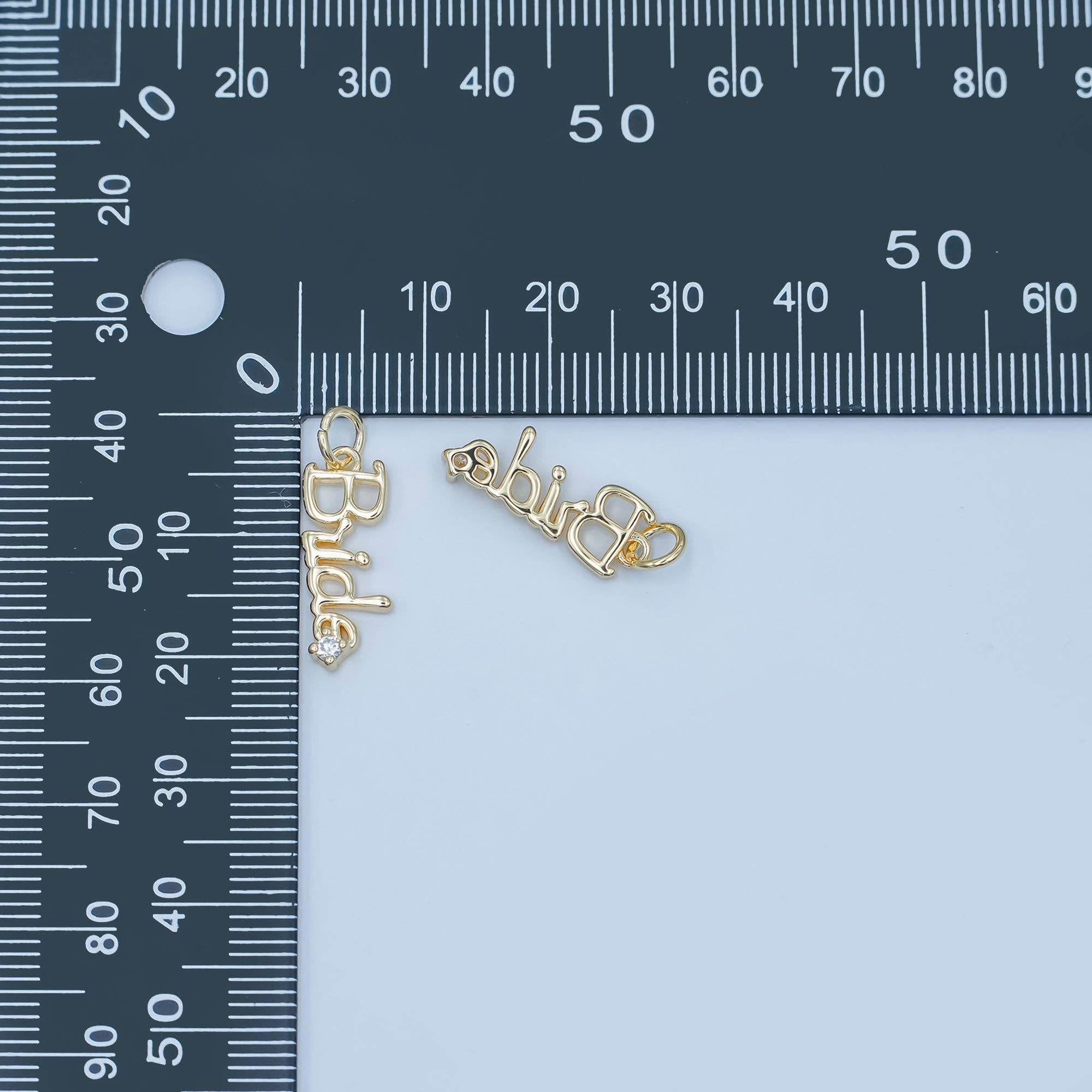 Aim Eternal – wholesale Individual charm/pendant – 24K Gold Filled "Bride" Cursive Script CZ Charm in Gold & Silver | N0915