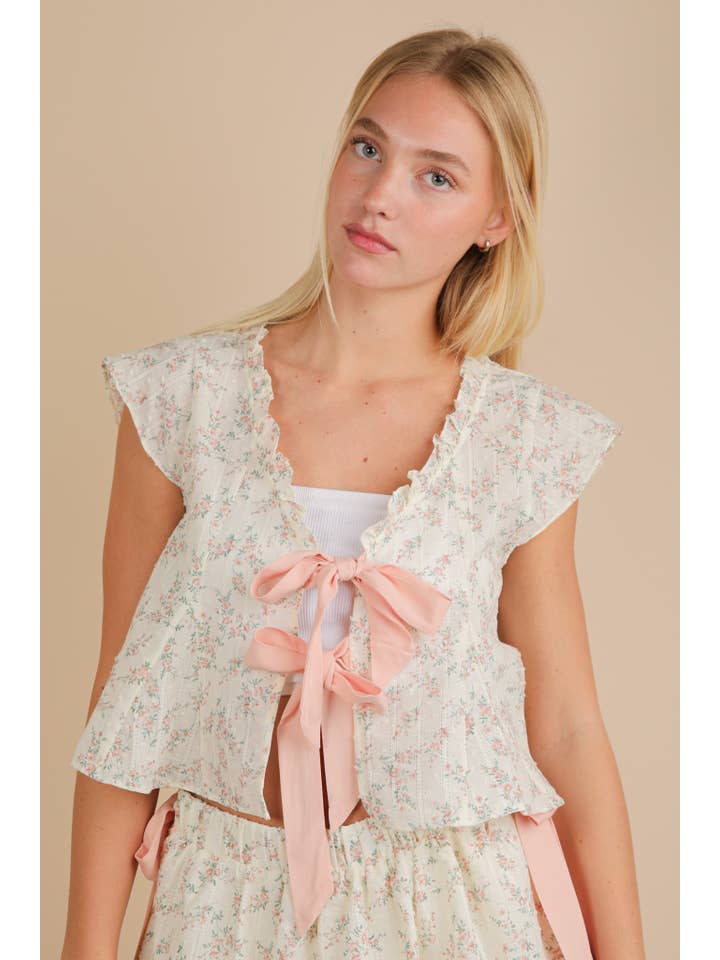 VERY J - Wholesale Blouse - Women's - NT12162-Floral Printed Front Bow Blouse Top