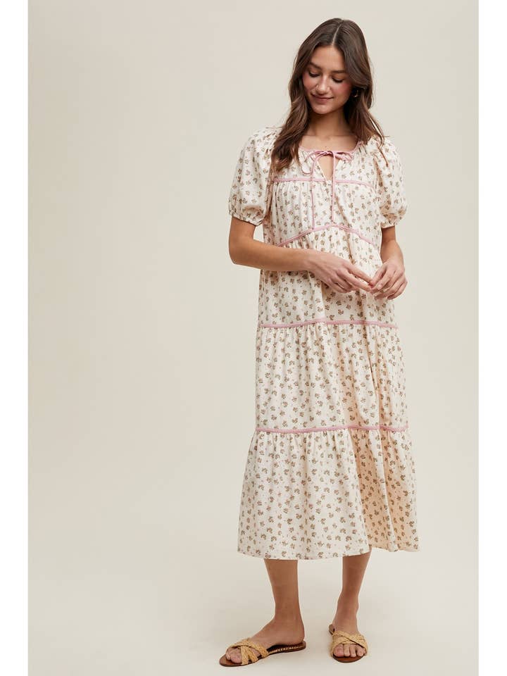 FLORAL TIERED PIPING DETAIL MIDI DRESS / WL25-10588 for wholesale by Wishlist Apparel