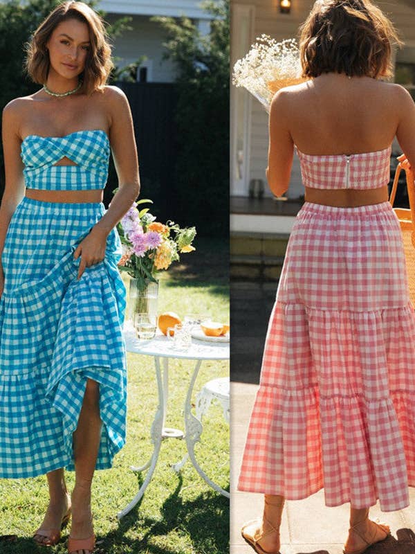 Blue Summer Sexy Plaid Set Hot European US Style for wholesale on Faire73