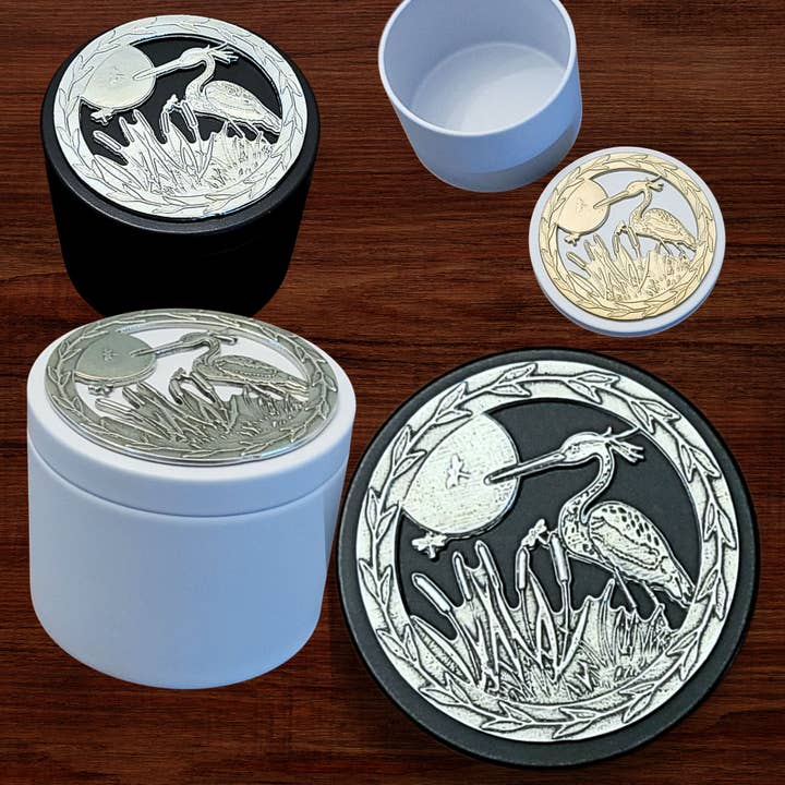 Heron Keepsake Box decorated with Fine Pewter Medallion for wholesale by Lucina K.