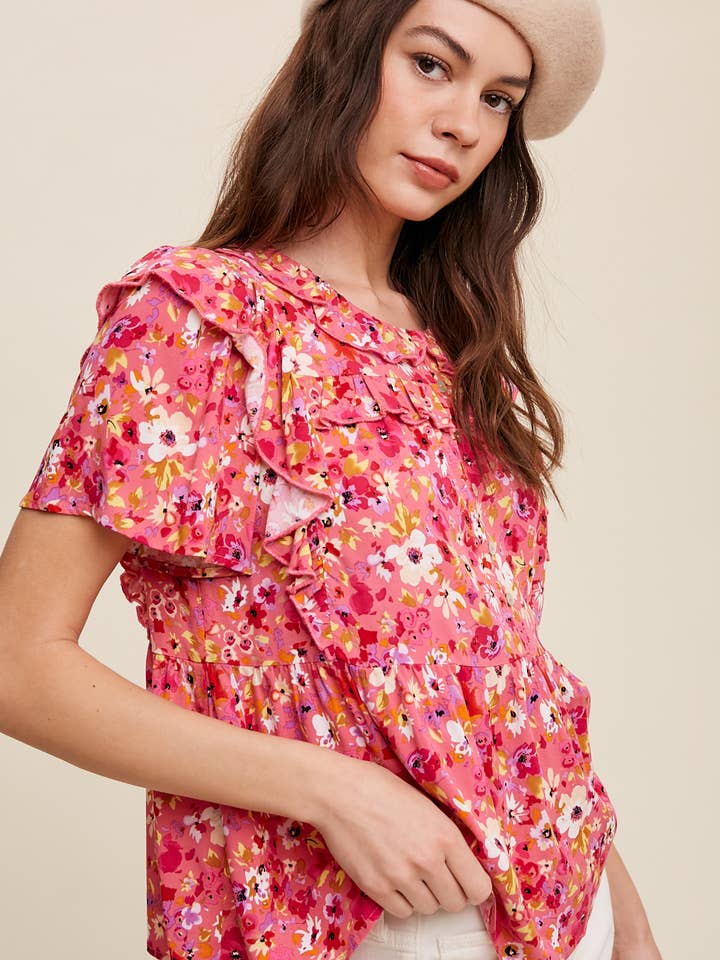 Blusa com Gola de Folhos Floral por atacado de Listicle