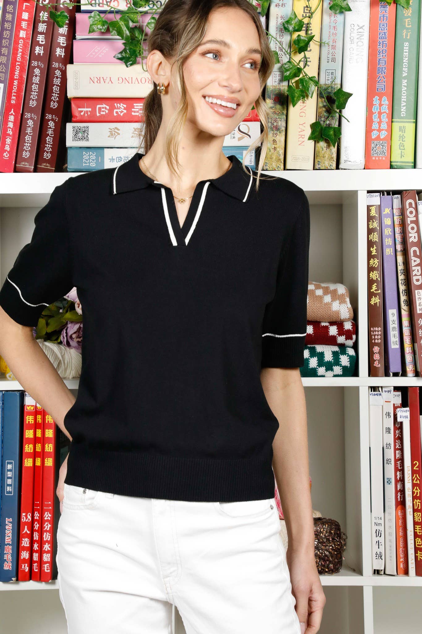 Vine & Love - Wholesale Knit Sweater - Women's - Polo Neck Short Sleeve Knitted Sweater Top VT822725