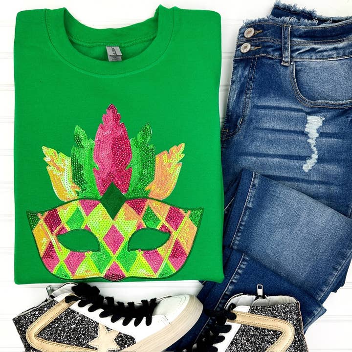 Gildan-Sweatshirt mit Mardi Gras-Maske und Paillettenaufnäher für den Großhandel von Nikkilynn Wholesale