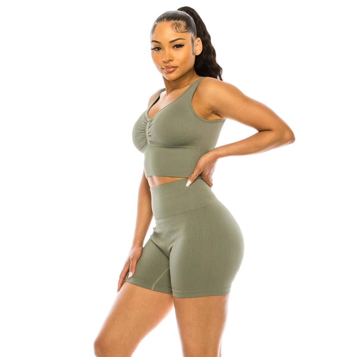 Lime All the Time - Wholesale Activewear Set - Women's - 2 Pcs Set Ribbed Muscle Tank Bra and Highwaist Short6