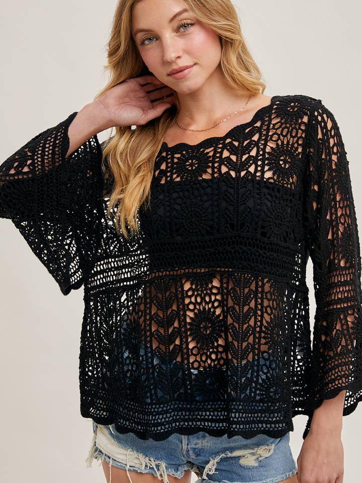 Bluivy - Wholesale Knit Top - Women's - CROCHET SHEER BELL-SLEEVE PULLOVER TOP17