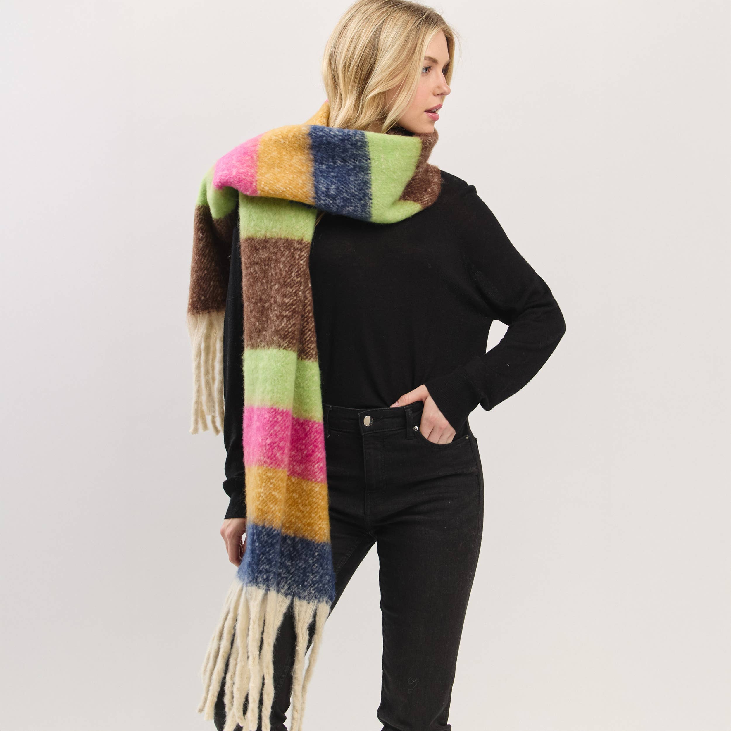 Hana - Wholesale Scarf - Women's - Multi Color Striped Brushed Fringed Winter Scarf10