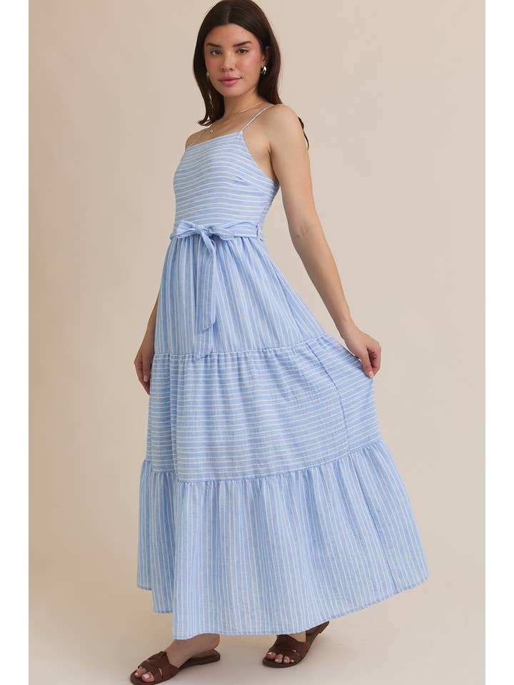 S.P.G STRAP WAIST TIE TIRED STRIPE MAXI DRESS for wholesale on Faire
