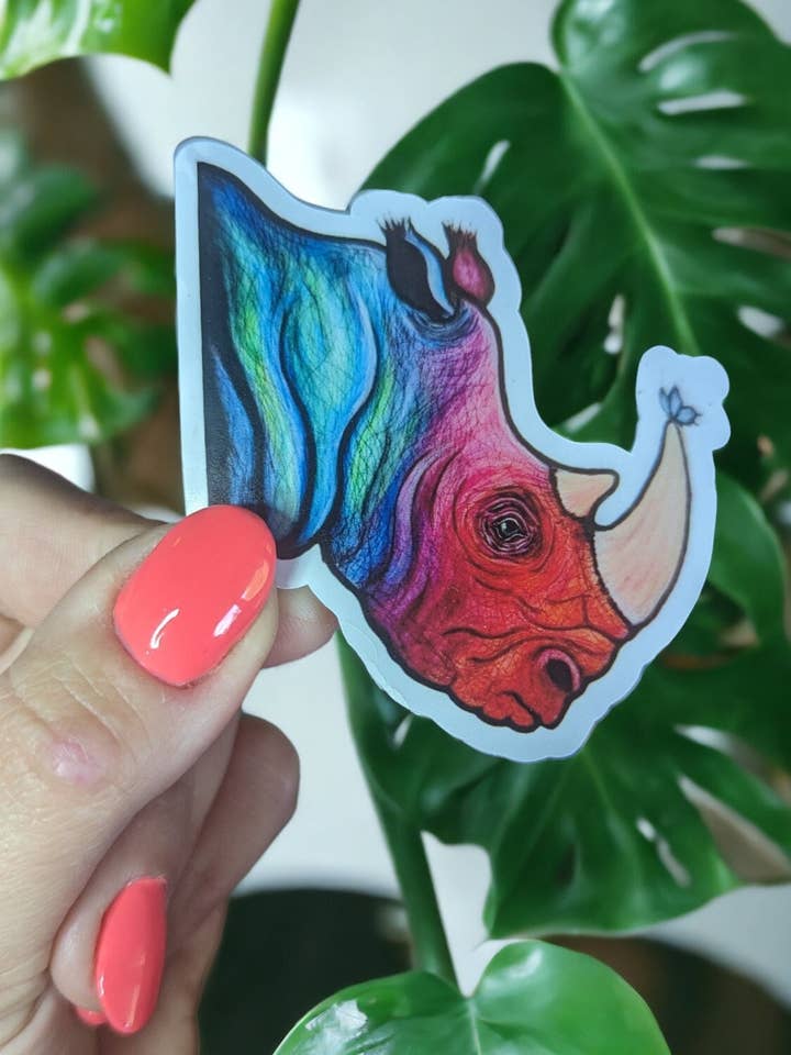 Rainbow Rhino Weatherproof Vinyl Sticker for All Surfaces for wholesale by Christina-Jane Norquay Art