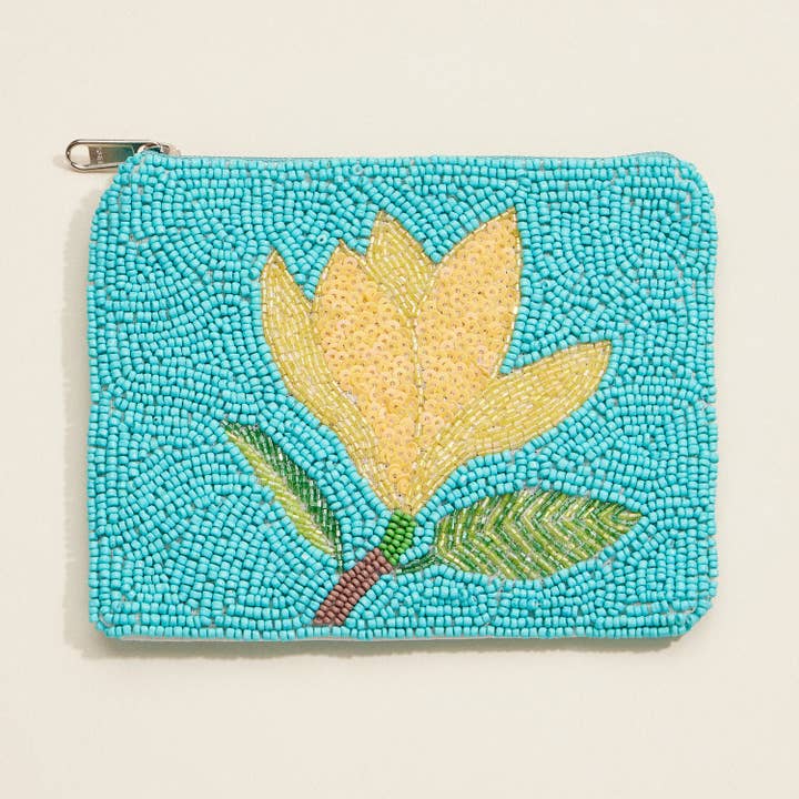 Beaded Floral Coin Purse – Turquoise Zip Pouch with Yellow Flower Design for Travel & Everyday Use for wholesale on Faire