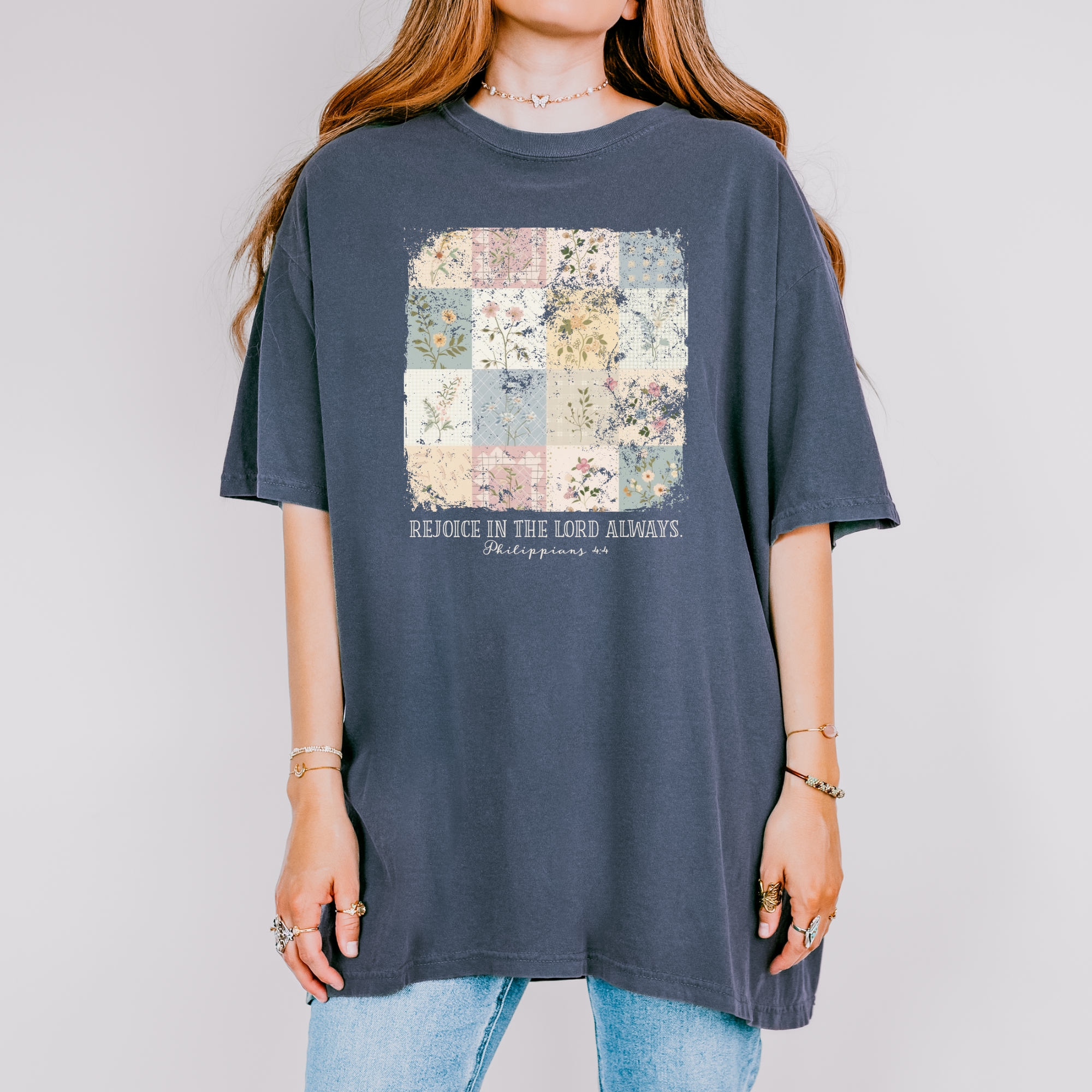 Scripted Pearl - Wholesale Screen Printed T-Shirt - Women's - Rejoice In The Lord Always Vintage Floral Comfort Colors Tee6