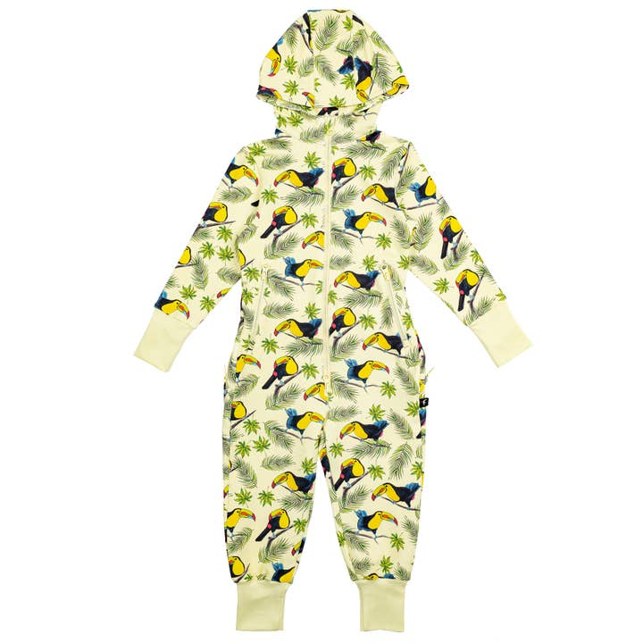 Warm jumpsuit with zipper rear, toucan print, yellow for wholesale by Beek