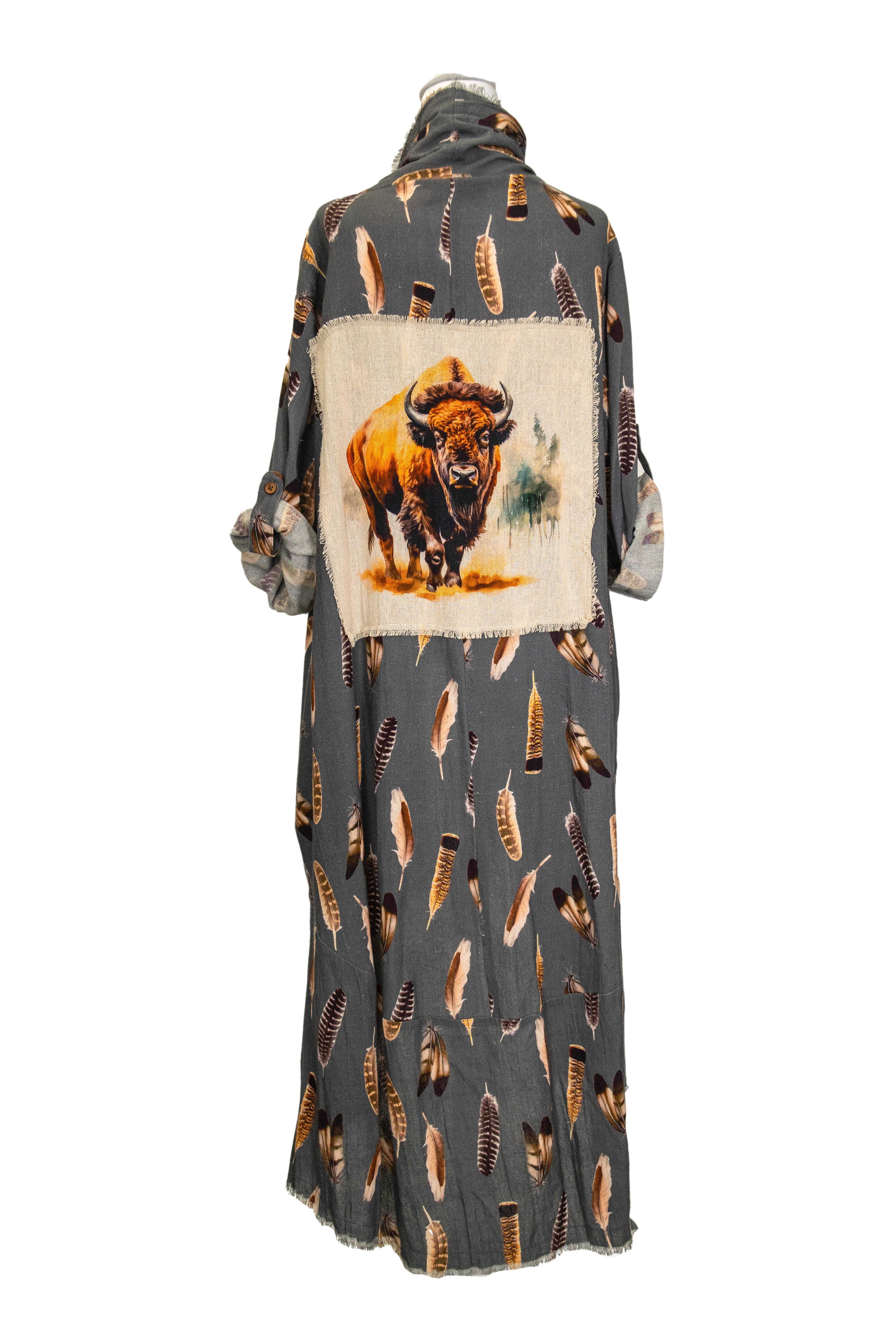 LeParisPetit by I Love Linen - Wholesale Kimono - Women's - Duster with Bison Printed Patchwork and Feather Graphics 0