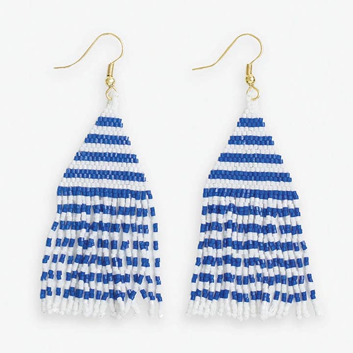 Lexie Game Day Horizontal Stripes Beaded Fringe Earrings Blue and White Wholesale for wholesale by INK + ALLOY