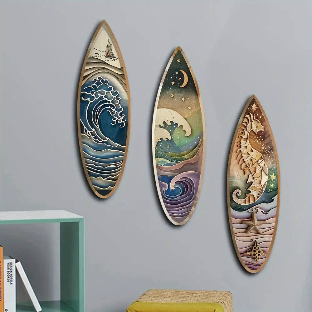 Huis Van Merken - Wholesale Gallery Wall Set - 3pcs Boho Wooden Surfboard Wall Art Set with Sailboat, Seahorse, and Night Wave Patterns3