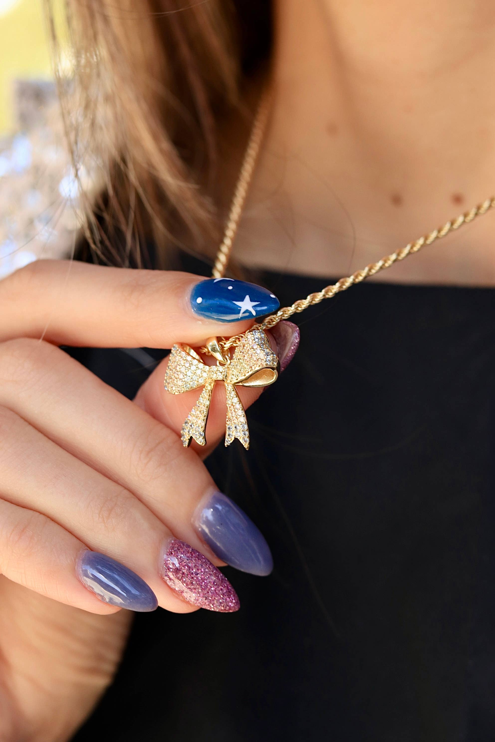 Jessica Santander - Wholesale Pendant/Charm Necklace - Dainty Gold Necklace with Bow Pendant in Colorful Zirconia2