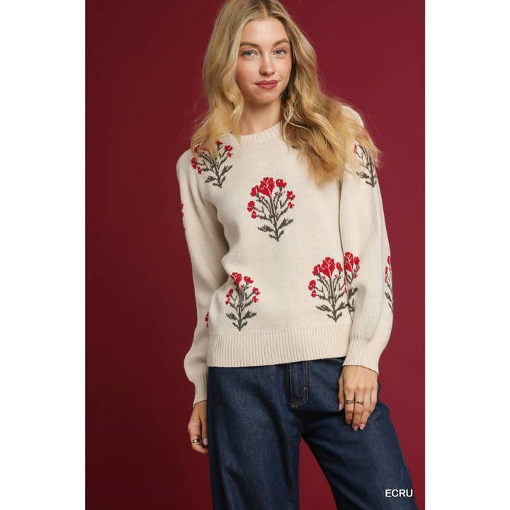 STYLE USA - Wholesale Tunic - Women's - Flower Stem Jacquard Sweater Top1