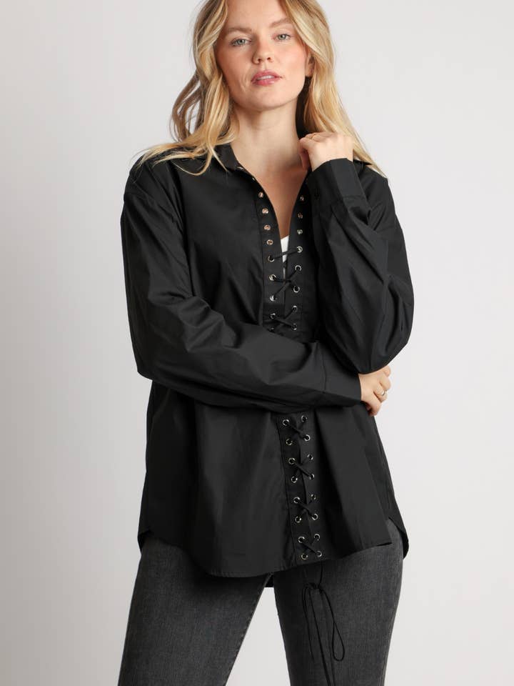 Front Lace-Up Tie Placket with Metal Grommet Tunic QC2432 for wholesale by Beulah Style