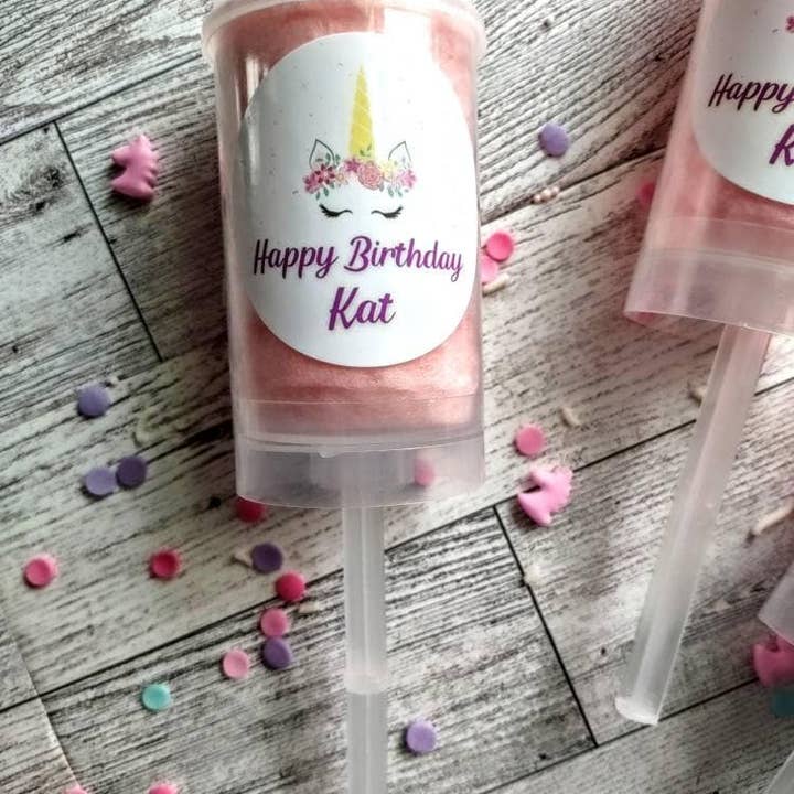 Hey Sugar Cotton Candy - Wholesale Lollipop - Personalized Unicorn Cotton Candy Push Pops - Birthday Girl Unicorn Theme Party Treats, Personalized label, Rainbow theme cotton candy4