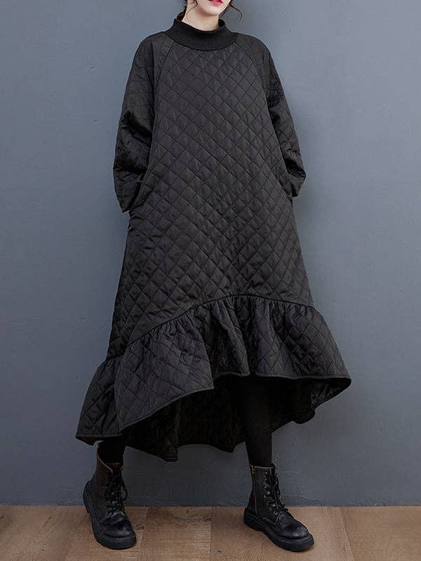 BLACK Casual Long Sleeves A-Line Rhombic Falbala High-Neck Midi Dresses for wholesale on Faire3