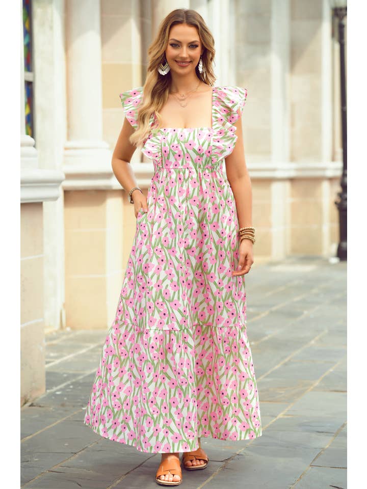1 the Woman - Wholesale Dress - Women's - Floral Print Square Neck Ruffled Strap Maxi Dress2