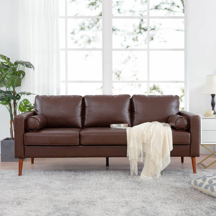 Orange County Decor - Wholesale Sofa - Small Sofa Couch 76.97 In . Brown 3 Seat Comfy Couches For Living Room, Mid Century Modern Couch With Iron Wood Structuresoft Cushion Sofa For Home Office Apartment Brown Foam Pu