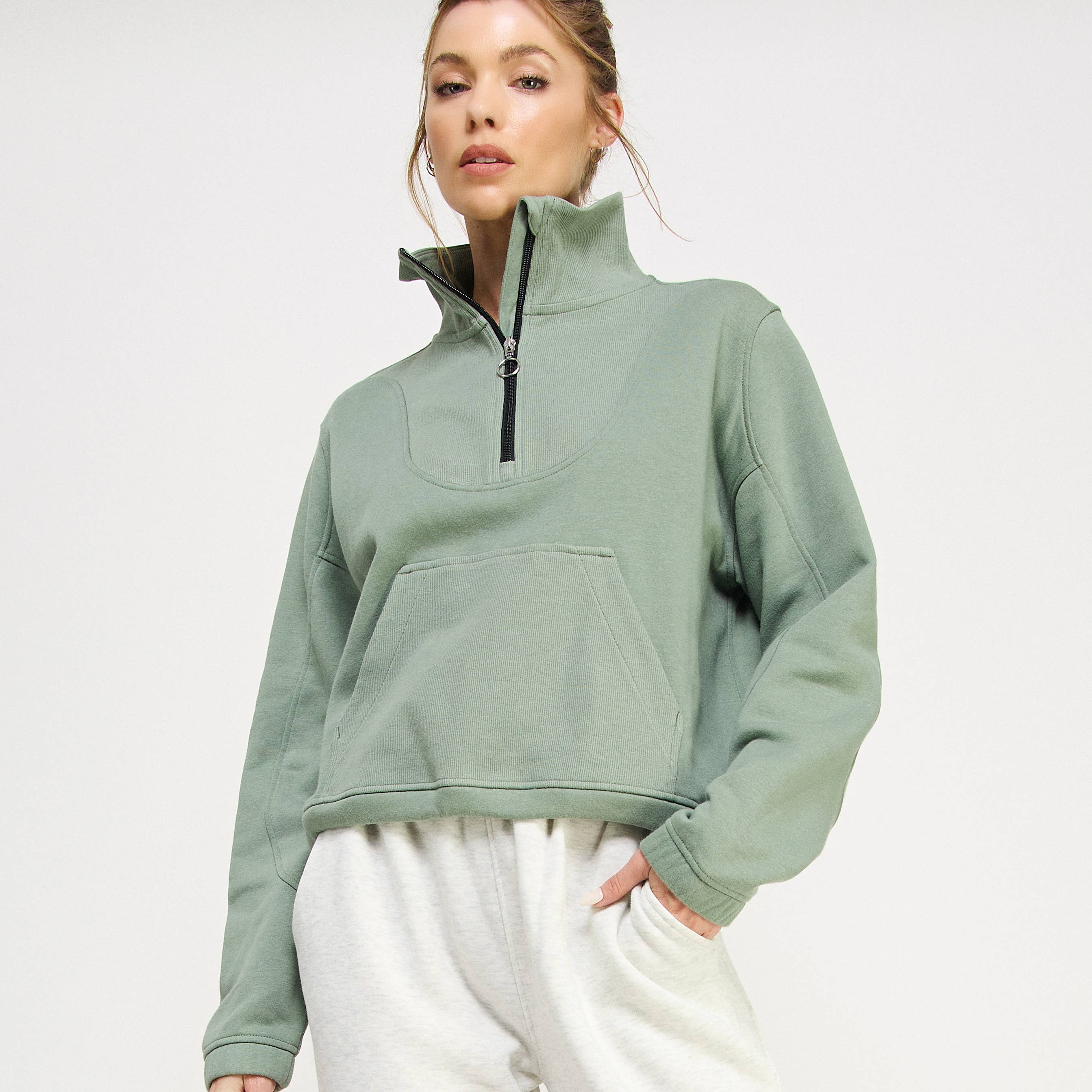 FREEZIA - Wholesale Sweatshirt - Women's - FRENCH TERRY NECK HALF ZIP SWEATSHIRT PULLOVER-FZ001216