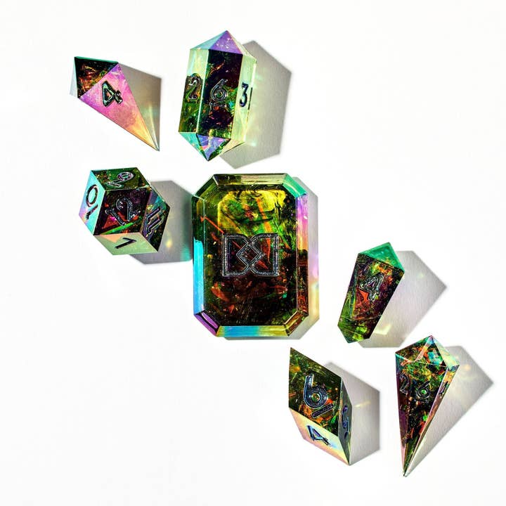 Blackflame 7-Piece Jewel-shaped Dice Set for wholesale by Dispel Dice