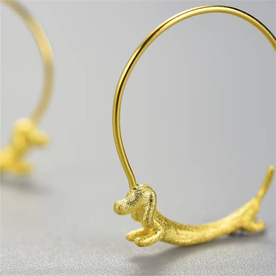 Perimade & Co. LLC - Wholesale Hoop Earrings - Cute Gold Dachshund Dog Hoop Earrings in 925 Sterling Silver