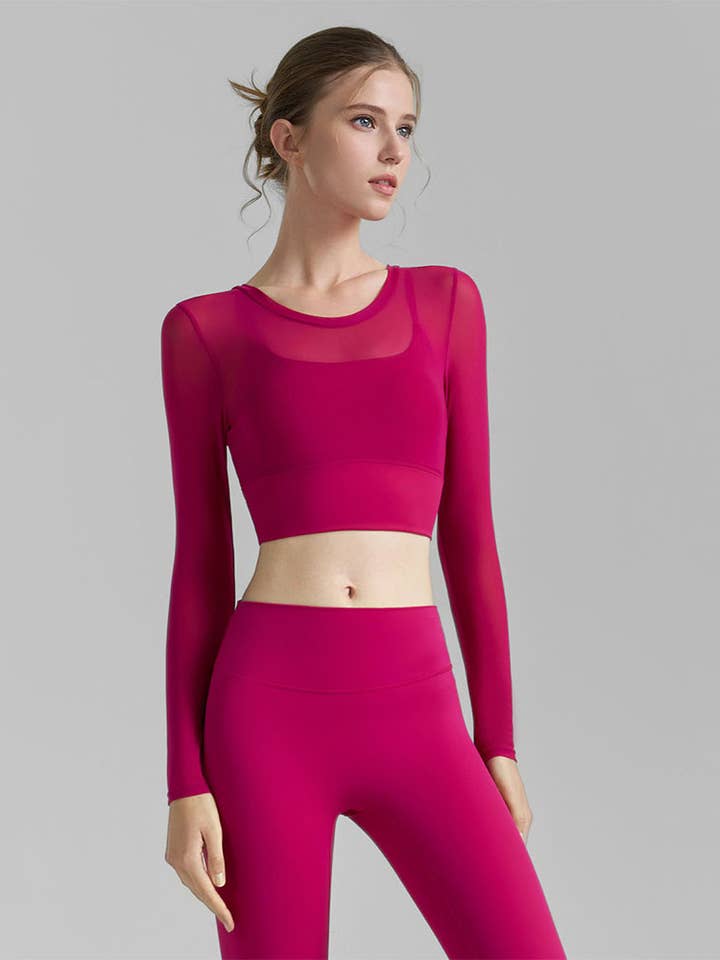Crave by FW - Wholesale Athletic Top - Women's - Mesh Long Sleeve Crop Tops V-shaped Cutout Back Yoga T-Shirt3