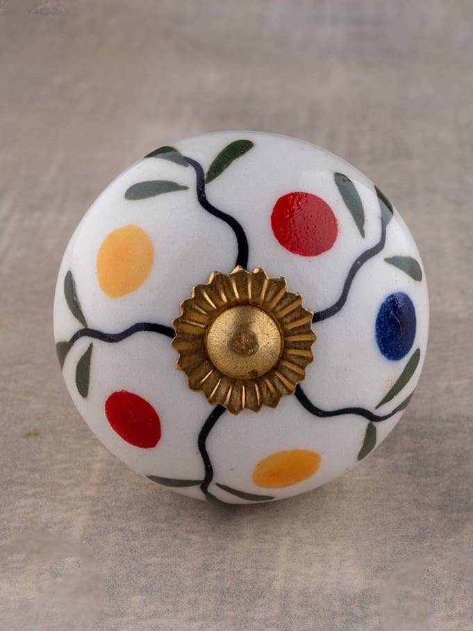 Handmade Multicolor Round Dots on White Base Ceramic Knob for wholesale by KNOBCO