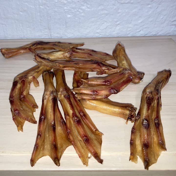 Duck Feet-Air Dried for wholesale by K&K's Bodacious Beer Biscuits