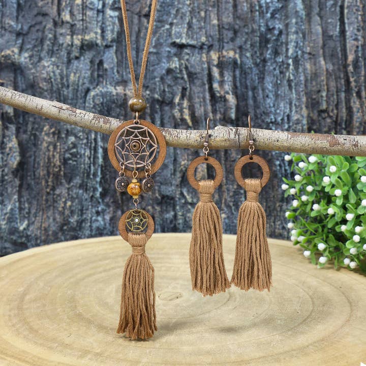 Bohemian Dreamcatcher Tassel Earrings and Wooden Necklace Set for wholesale by Halcyon Outfitters®