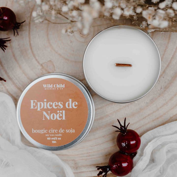 WILD CHILD Bougies & Co - Vente Bougie en bocal - "Epices de Noël" Bougie de Noël - Cire végétale - 15h0