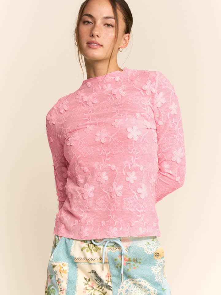 LONG SLEEVE FOLRAL EMBROIDERED MOCK NECK MESH TOP for wholesale by Davi & Dani