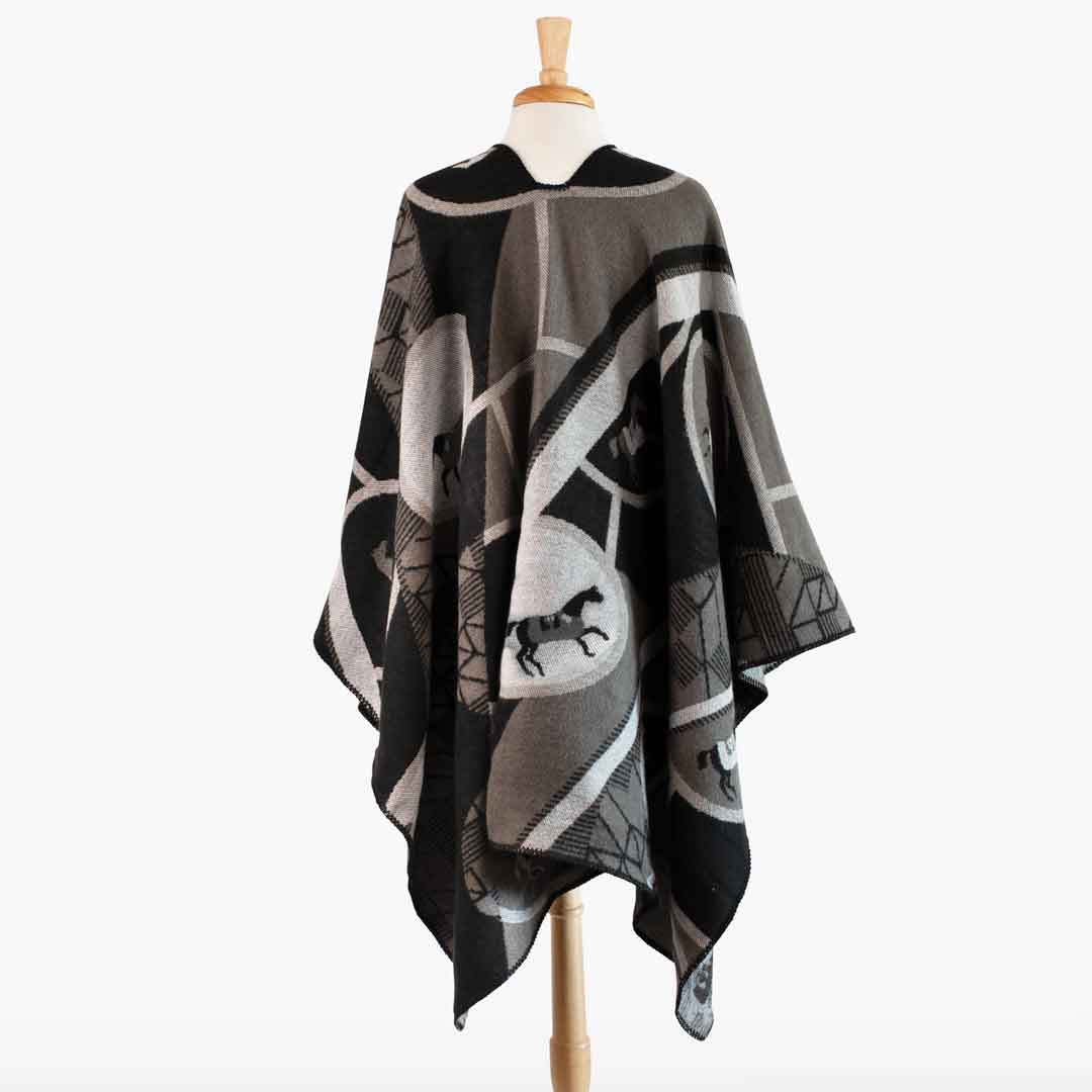 URBAN-EQUESTRIAN - Wholesale Wrap - Women's - Adina -  Equestrian Motif Shawl in Charcoal Wrap4