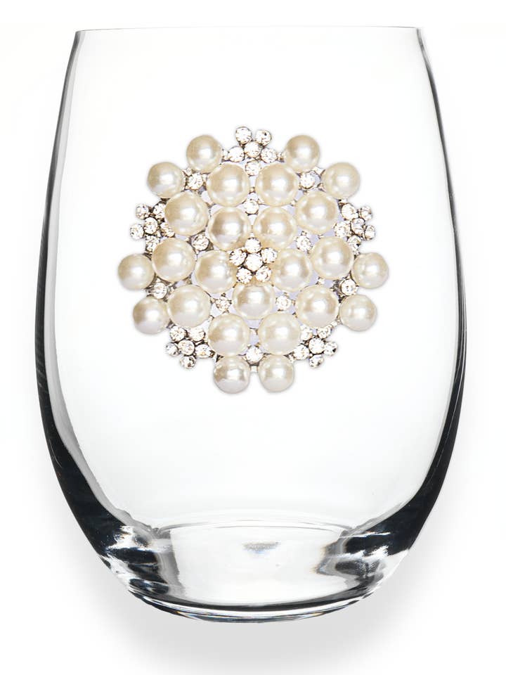 Round Diamond and Pearl Jeweled Stemless Wine Glass for wholesale by The Queens' Jewels®