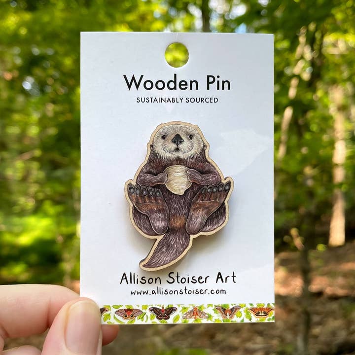 Allison Stoiser Art - Wholesale Lapel Pin/Button - Sea Otter Wooden Pin (Sustainably Sourced)0
