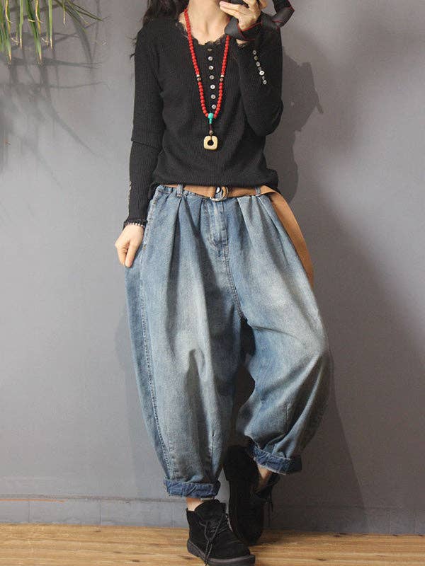 BLÅ Vintage Denim Lös elastisk midja Bloomers Byxor för wholesale på Faire