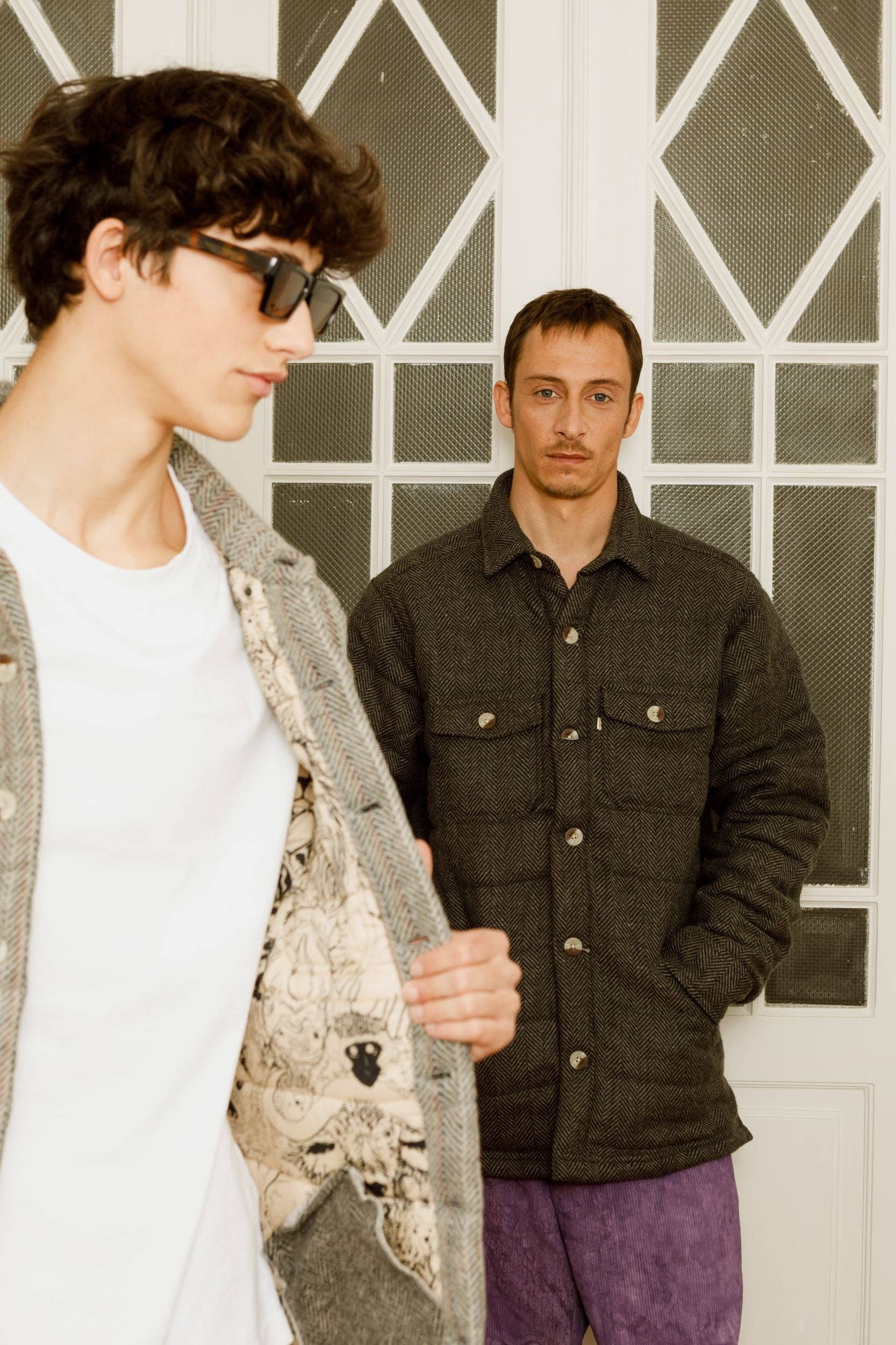 Grey vortex upcycled wool puffer jacket in brown for wholesale on Faire1