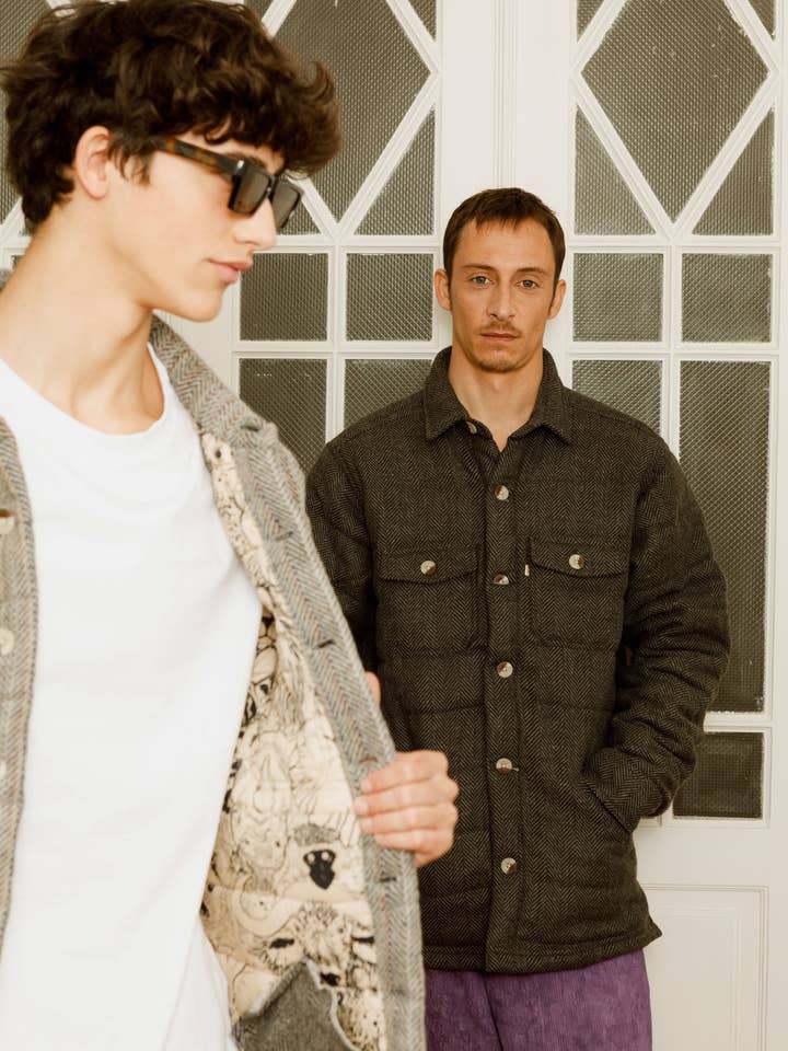 Grey vortex upcycled wool puffer jacket in brown for wholesale on Faire1