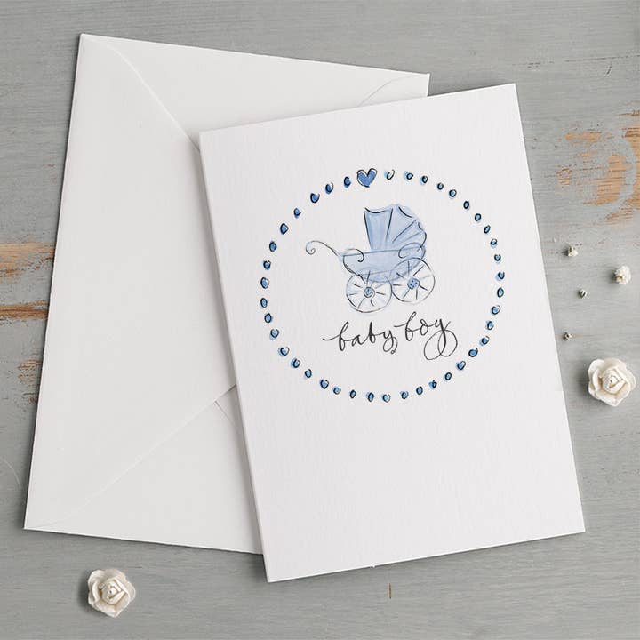 'Baby Boy' Vintage Pram & Blue Border New Baby Card for wholesale by Gabrielle Solly Illustration