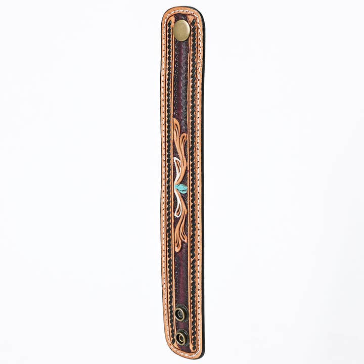 LS Western - Wholesale Cuff bracelet - LC-ADBRF149 Hand Tooled Leather Cuff Bracelet - Floral Scroll with Turquoise Accent & Braided Border1