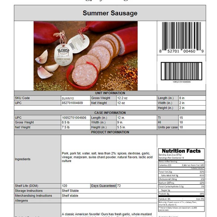 Olympia Provisions - Wholesale Sausage - Summer Sausage