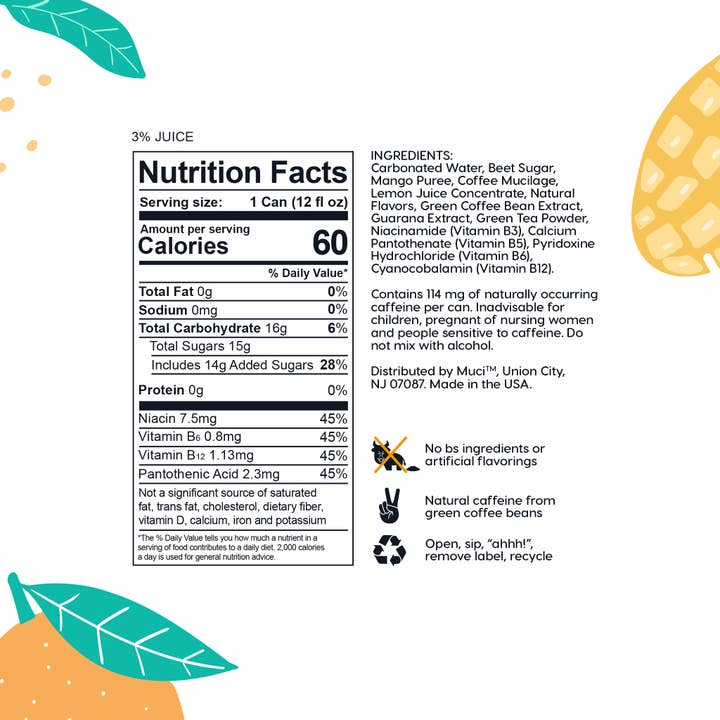 muci - Wholesale Sports/Energy Drink - muci Smooth Energy, Mango | 12x 12 fl oz2